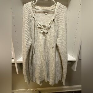Ava & Viv Lace-Up V-Neck Cream Knit Sweater